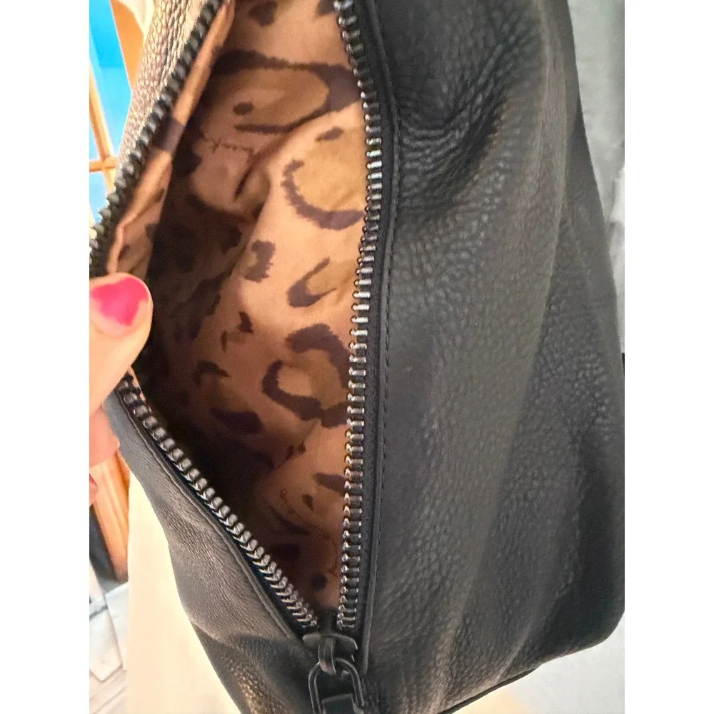 Aimee Kestenberg Tamitha Black Pebbled Leather Backpack Leopard Print Lining